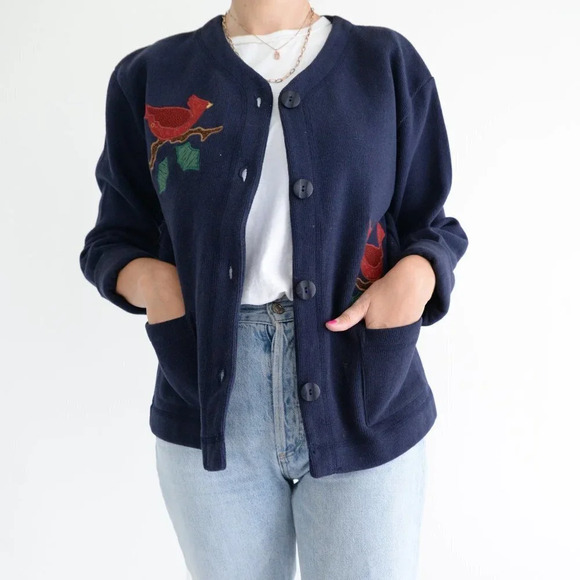 Gabrielle Navy 100% Cotton Bird Design Cardigan  Med - Picture 2 of 14